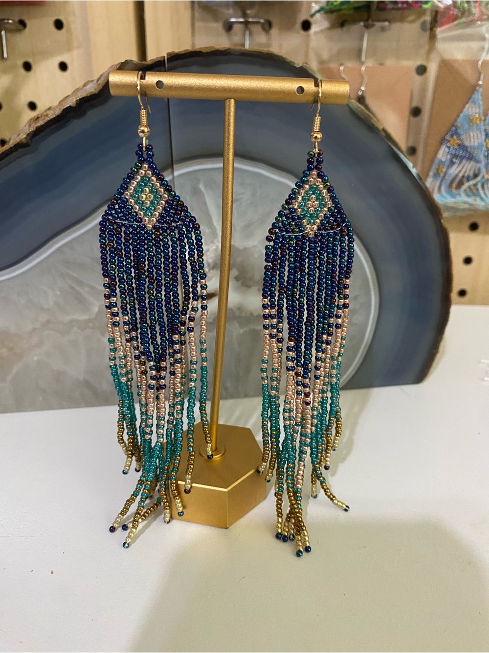Handcrafted Blue & Teal Beaded Fringe Earrings with Gold Accents